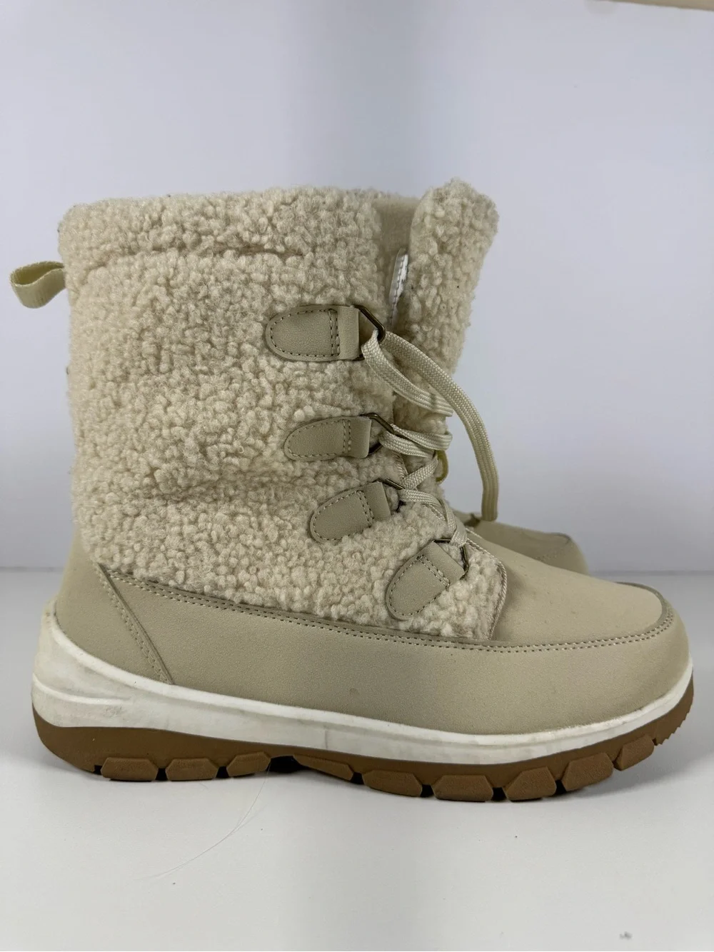 Target Women's Sherpa Lace-Up Winter Boots in Cream and Brown